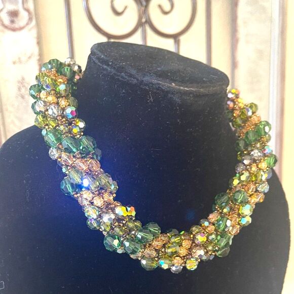 Vintage Swarovski Chunky Austrian Crystal Bold Beaded Green & Gold Necklace 16" - Picture 4 of 10